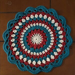 Handcrafted Crochet Table Doily - Red, Teal, and White